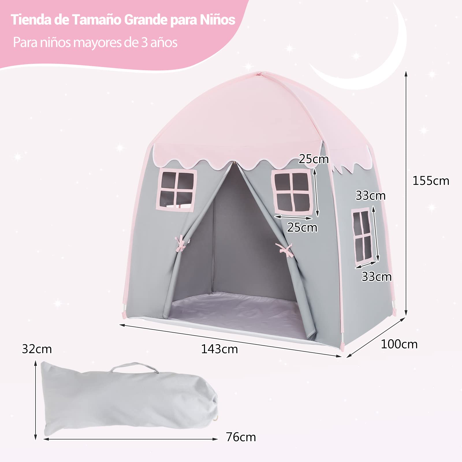 COSTWAY Tienda de Campaña Infantil, Tienda de Juego para Niños, Tienda de Princesa, Diseño con Cremallera, Ventanas, Casita Portátil para Uso Interno y Externo para Niños y Niñas +3 Años (Rosa)