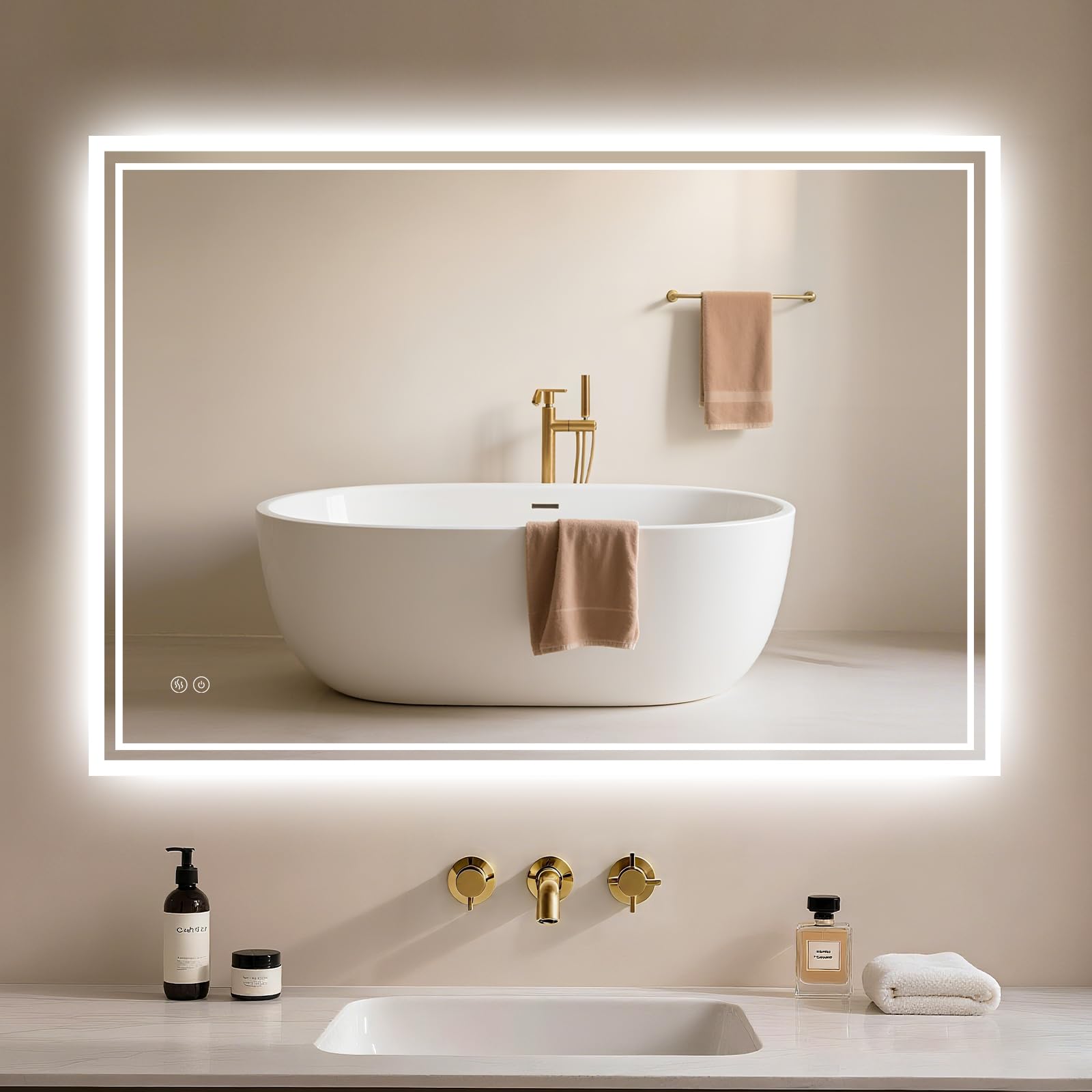 Badspiegel-mit-Beleuchtung 100x70cm - Badezimmerspiegel LED Badezimmer Spiegel mit Beleuchtung Beschlagfrei, Touch-Schalter, Dimmbar, 3 Lichtfarben, Wandspiegel Led-Spiegel-Bad Horizontal/Vertikal