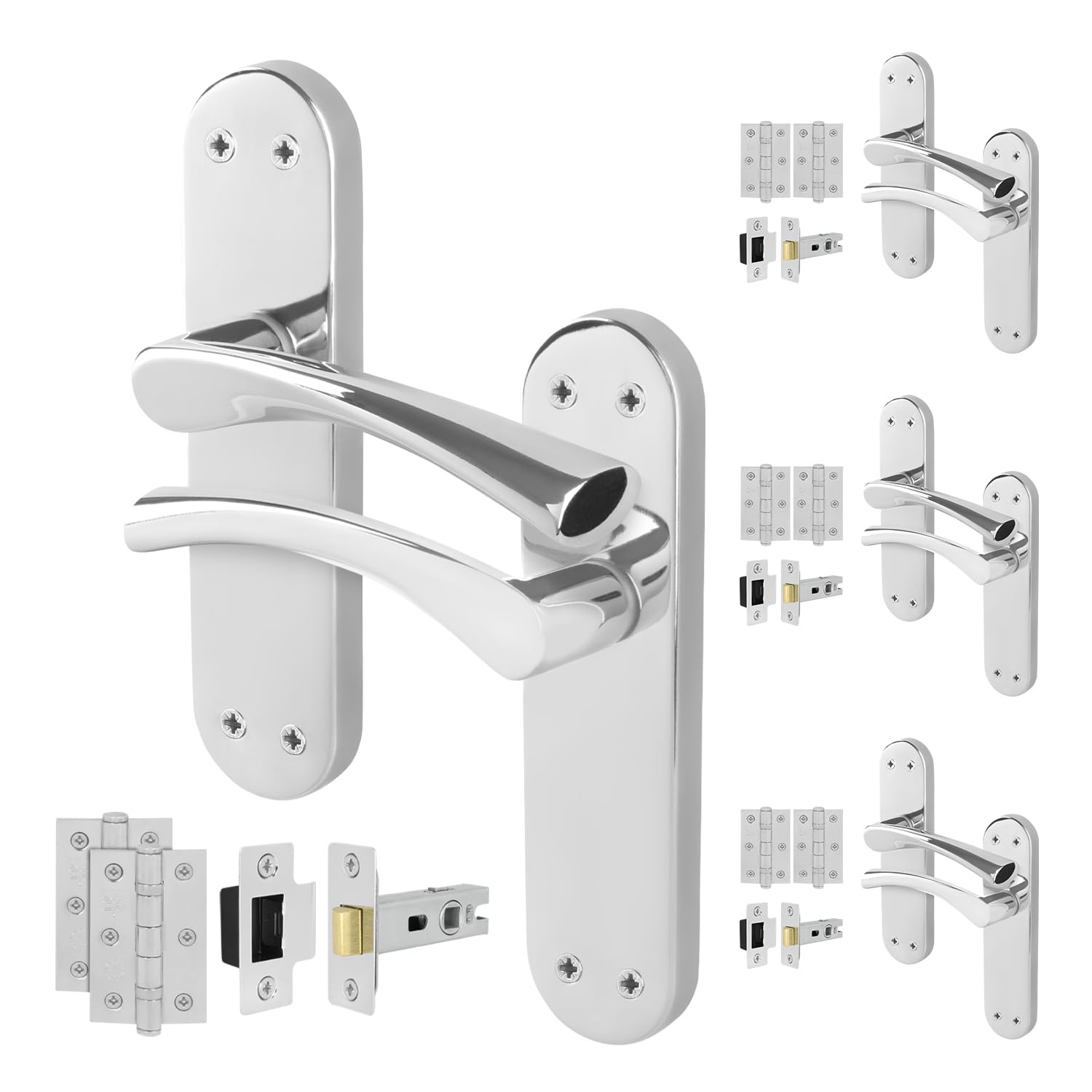 EAI Polished Chrome Door Handles with Latch 64mm, Hinges, 4 Pack - Novoli โ image 1