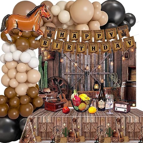 Western Cowboy Birthday Party Decorations, 126PCS Cowboy Birthday Party Supplies Including Western Backdrop, Cowboy Balloon Arch/ Garland Kit, Western Tabblecloth, Birthday Banner