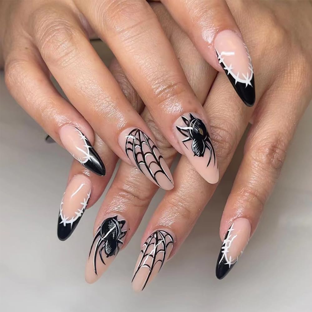24 pcs halloween nails medium press on nails almond fake nails black french tip false nails with spider and spider web pattern designs full cover glue on nails acrylic nails for women and girls