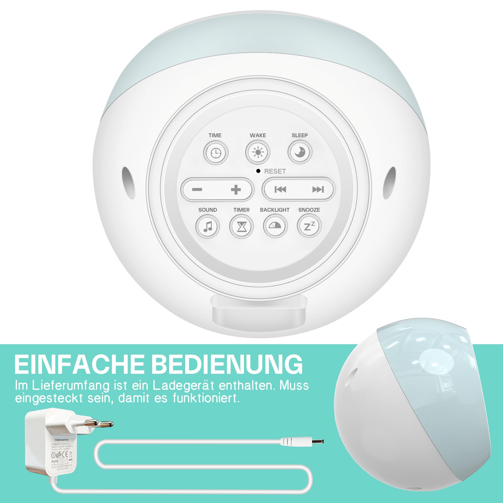 Kinderwecker, Schlaftrainer Kinder mit 9 Nachtlichtern, Soundmaschine, Snooze und Timer, Digitaler Wecker Kinder für Jungen und Mädchen