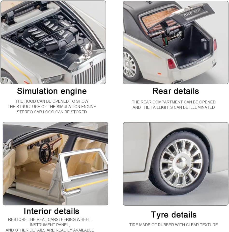 Image of DEOXY 1:24 Scale Diecast Alloy Pullback Rolls Royce Phantom Metal Car Toy With 6 Openable Doors, Lights, And Sounds For Kids,Black