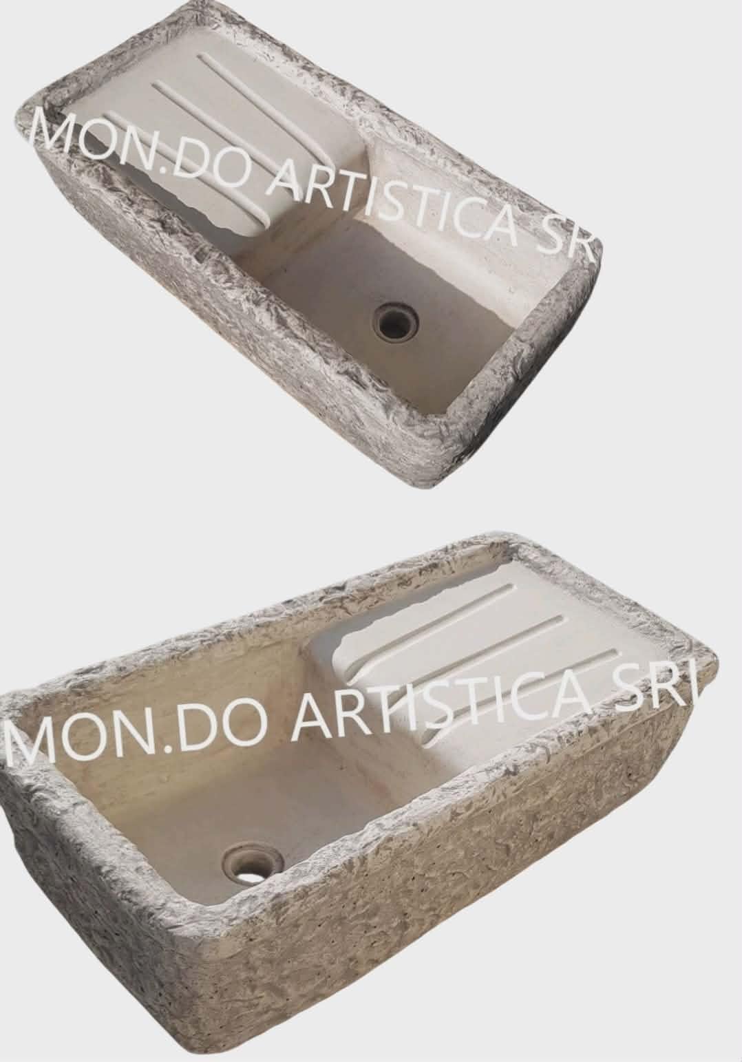 Lavandino Da Esterno, Lavabo Per Giardino, Pilozzo Con Vasca E Gocciolatoio, Fontana Altezza 22 cm, Larghezza 80x40 Cm, In Cemento Bianco E Polvere Di Marmo, Colore Sfumato Grigio, Mondo artistica