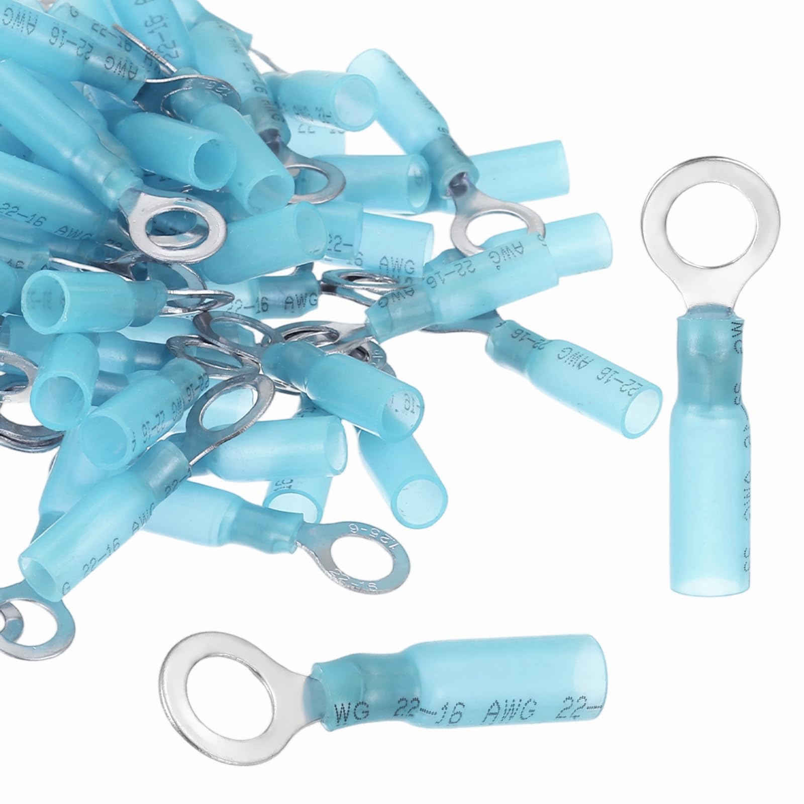 sourcing map 100pcs Heat Shrink Ring Connectors #1/4" Tinned Copper Insulated Ring Crimp Terminals 16-14 Gauge for Electrical Industrial Chemical Project, Blue