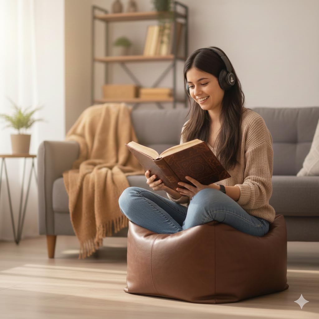 RAJERIYA Experience The Perfect Blend of Rustic Charm and Modern Luxury with Our Handcrafted Genuine Leather Pouf and Matching Pillow Set.
