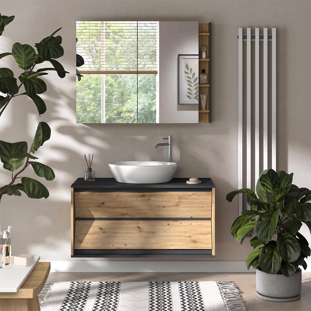 Vicco Meuble sous Vasque Simple Edelin, Anthracite/Artisan, 100x50cm | avec 2 tiroirs, pour montage mural et compatible avec siphons standards