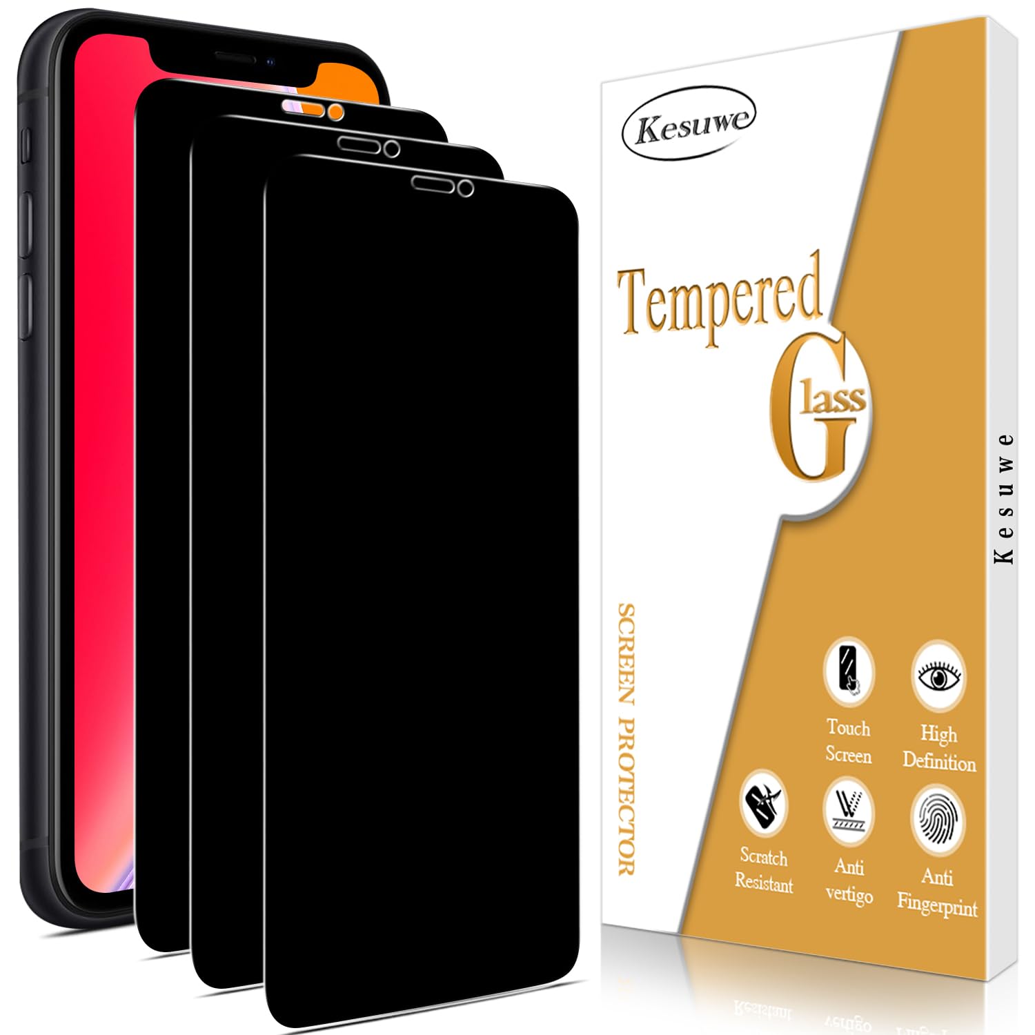 [3 Piezas Protector Pantalla de Privacidad para iPhone 11 Pro Max/XS Max, Anti Espía, Dureza 9H Cristal Templado, Antiarañazos, Antihuellas, Sin Burbujas