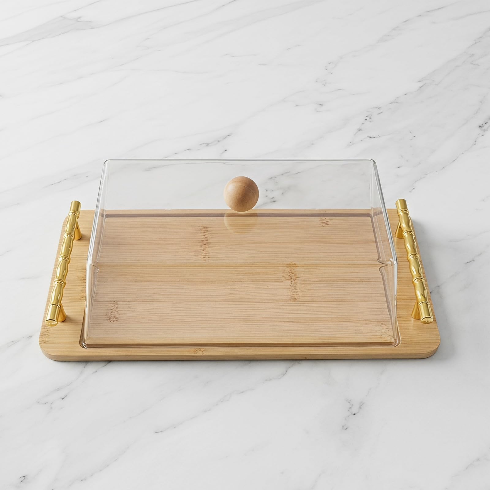 OUNONA Soporte para pasteles con tapa abovedada - Soporte para pasteles de bambú con tapa de acrílico irrompible, expositor de postres y tabla para servir cupcakes, quesos y frutas 40 x 22 cm