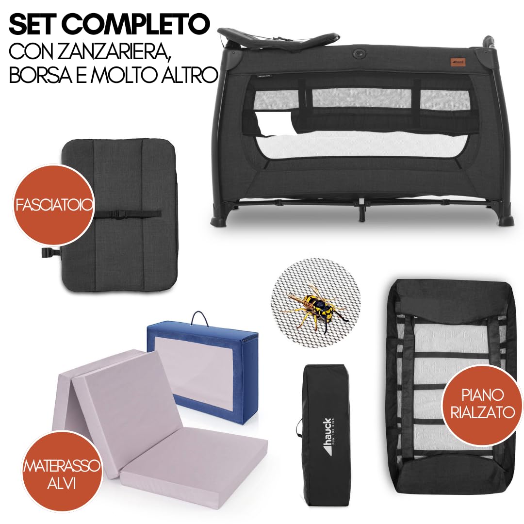 hauck Lettino Da Viaggio Play N Relax Center Set con Materasso Comfort e Zanzariera - Culla Neonato 120x60cm con 2 Livello, Fasciatoio, Borsa e Apertura - (Apertura laterale, Nero melange)