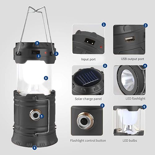 Miniatura 6 de Linterna LED para campamento, linterna solar y recargable, linterna plegable y portátil para uso diariocampamentosenderismopesca