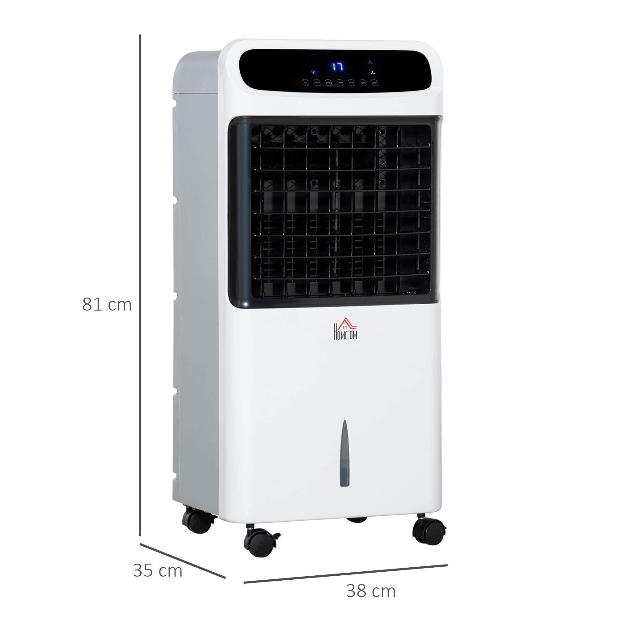 HOMCOM Climatizador Evaporativo Bajo Consumo 4 en 1 Depósito 12L Humidificador Climatizador Iones Negativos Control Remoto 3 Modos 3 Velocidades Temporizador 12 h Pantalla LED Táctil 38x35x81cm Blanco