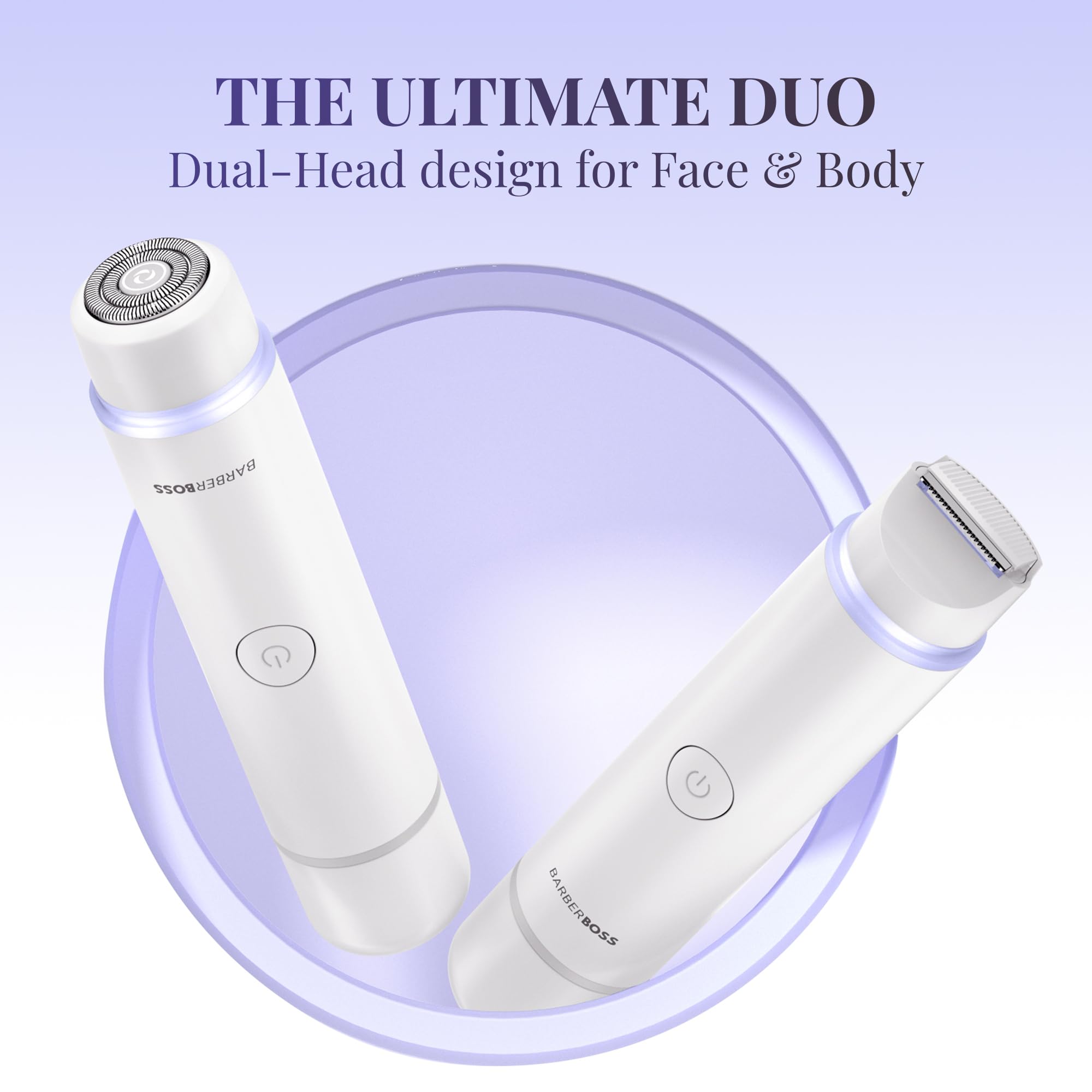 BarberBoss Rasoio da donna 2 in 1, kit per la rimozione dei peli del viso e del bikini, con luce di precisione, set da viaggio ricaricabile (Bianco)