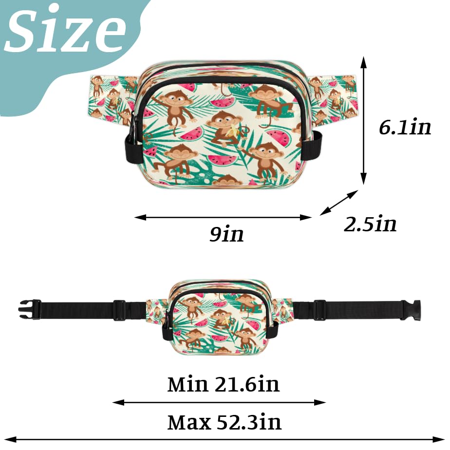 Monkey Watermelon Palm Waterproof Fanny Pack for Women Men Adjustable Waist Bag with Double Zipper Pockets Lightweight Square Hip Pack for Running Travel Hiking Workout Cycling