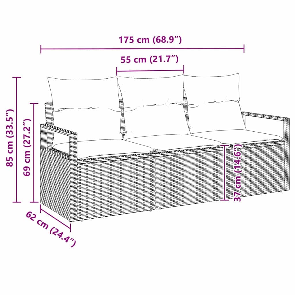 Ensemble de canapés de Jardin 3 Places Gris en polyrotin Poly Rattan modulable, Coussins déhoussables et Housse, pour terrasse Balcon Patio, détente extérieure