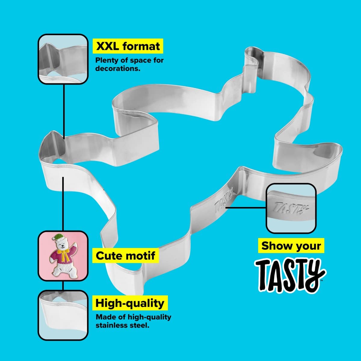 Tasty XXL Cookie Cutter, Dancing Bear Shape, for Cute Fun and Unique Cookie Creation and Baking in Classic Glossy Silver - Image 3