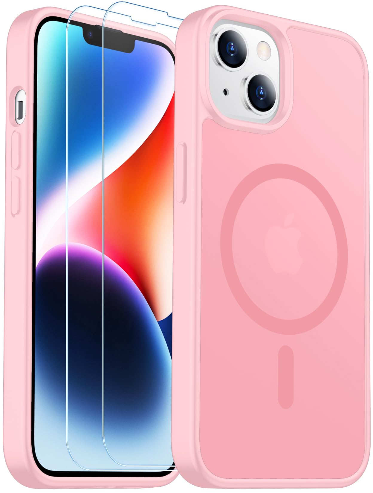 SPIDERCASE Designed for iPhone 14 Case/iPhone 13 Case, Magnetic Translucent [2 Pack Tempered Glass Screen Protector] Anti-Fingerprint Anti-Scratch for iPhone 14/13 6.1”,Pink