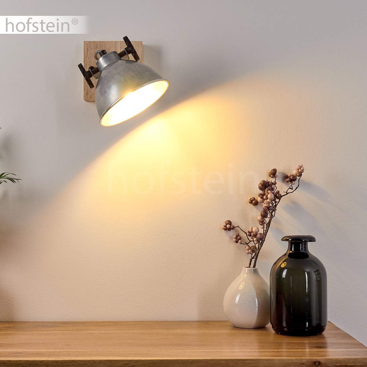 Lampada da parete Svanfolk, lampada da parete in metallo e legno in argento/marrone, 1 luce, con faretto regolabile, 1 attacco E14, design retro/vintage, senza lampadina/e
