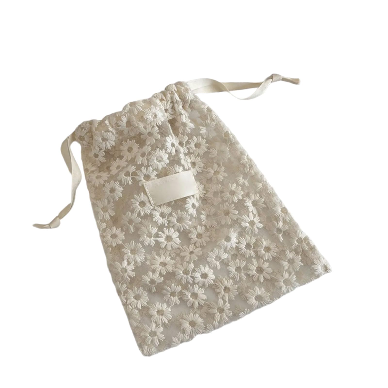Tsophreniq Meshes Storage Bag with Lace Embroidery and Daisies Design for Travel Organizers Portable Drawstring Cosmetic Pouches Daisies Embroidery Storage Pouches