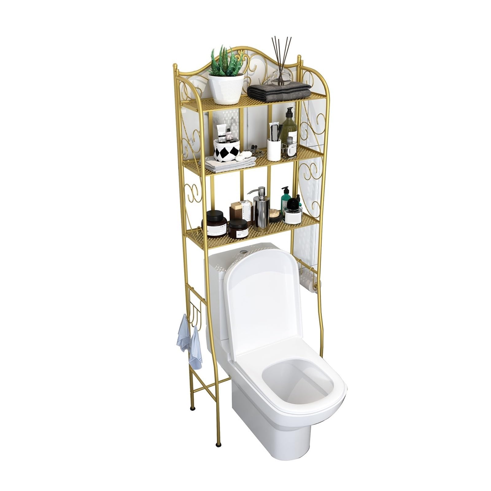 Badezimmer-Organizer über der Toilette, Freistehendes Toilettenschrank mit Haken, Badezimmerregale über dem Toilettenregal, Platzsparend