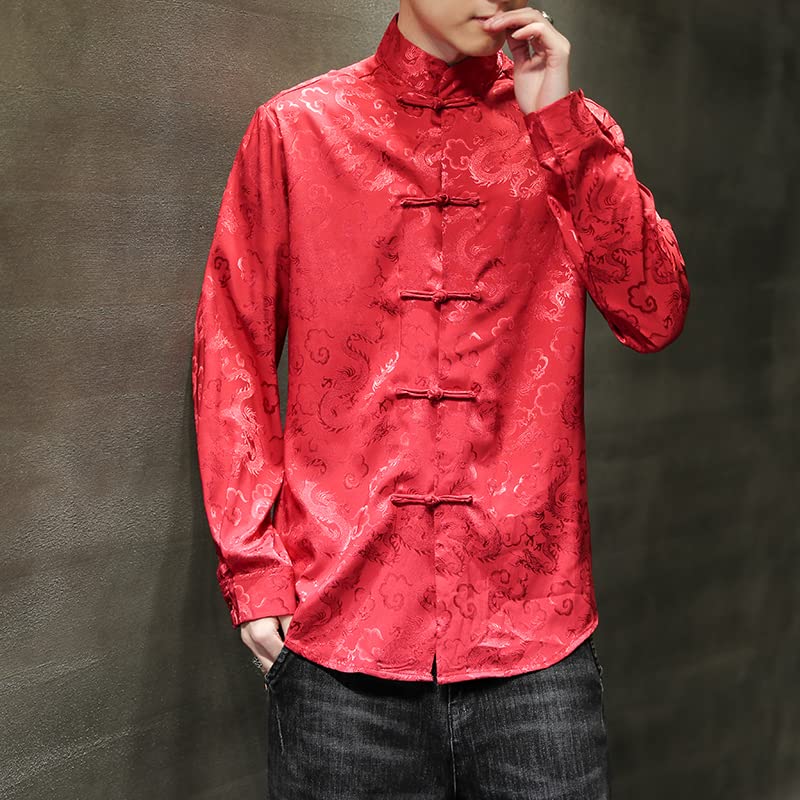 Men's Dragon Pattern Blue Satin Silk Shirt Elegant Tang Suit Hanfu Jacket Silver Plain Collar Shirt3