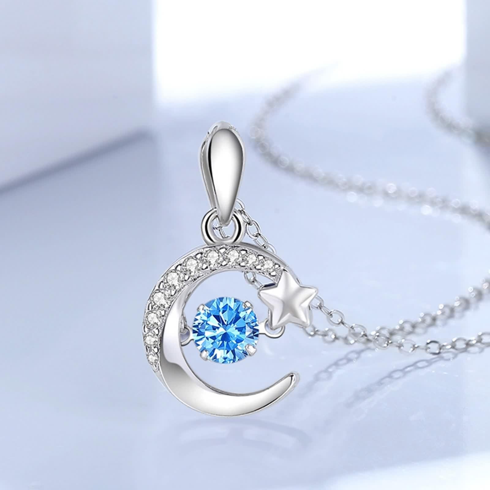 Elegancki długi naszyjnik damski, długi naszyjnik z białym topazem/moissanitem prawdziwe różowe złoto 9K / 14K / 18K księżyc i gwiazda 40 + 5 cm