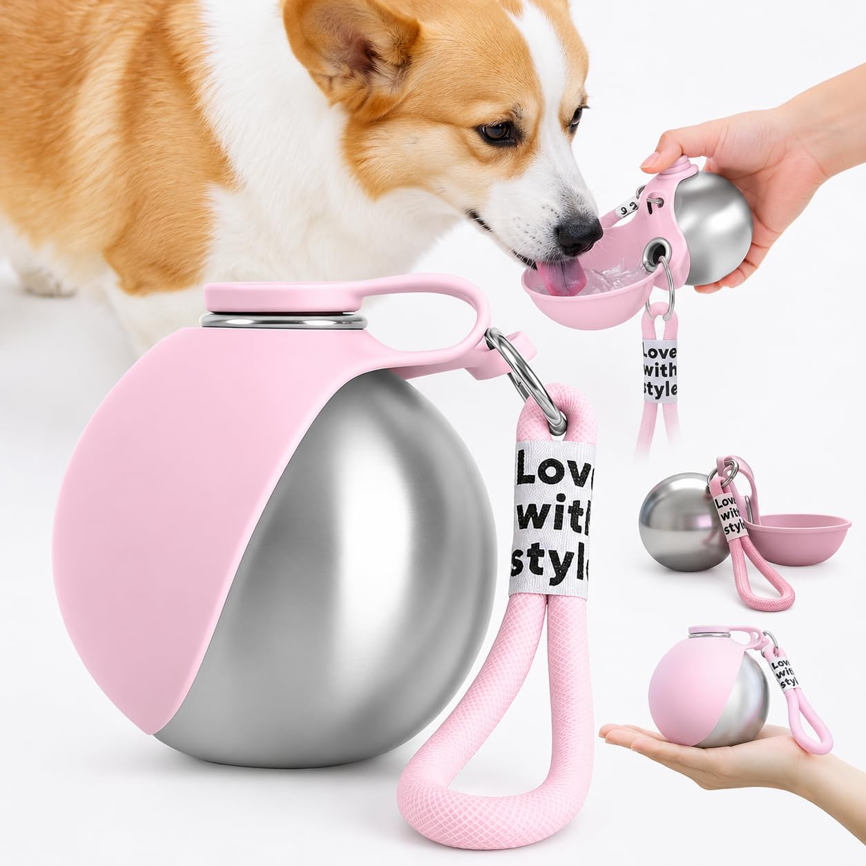 2 in 1 Portable Dog Water Bottle,10oz Stainless Steel Portable Dog WaterBottle,No-Spill Leak-Proof Design with Silicone Bowl,Travel Pet Water Dispenser,Perfect for Walking,Hiking,Camping and Travel
