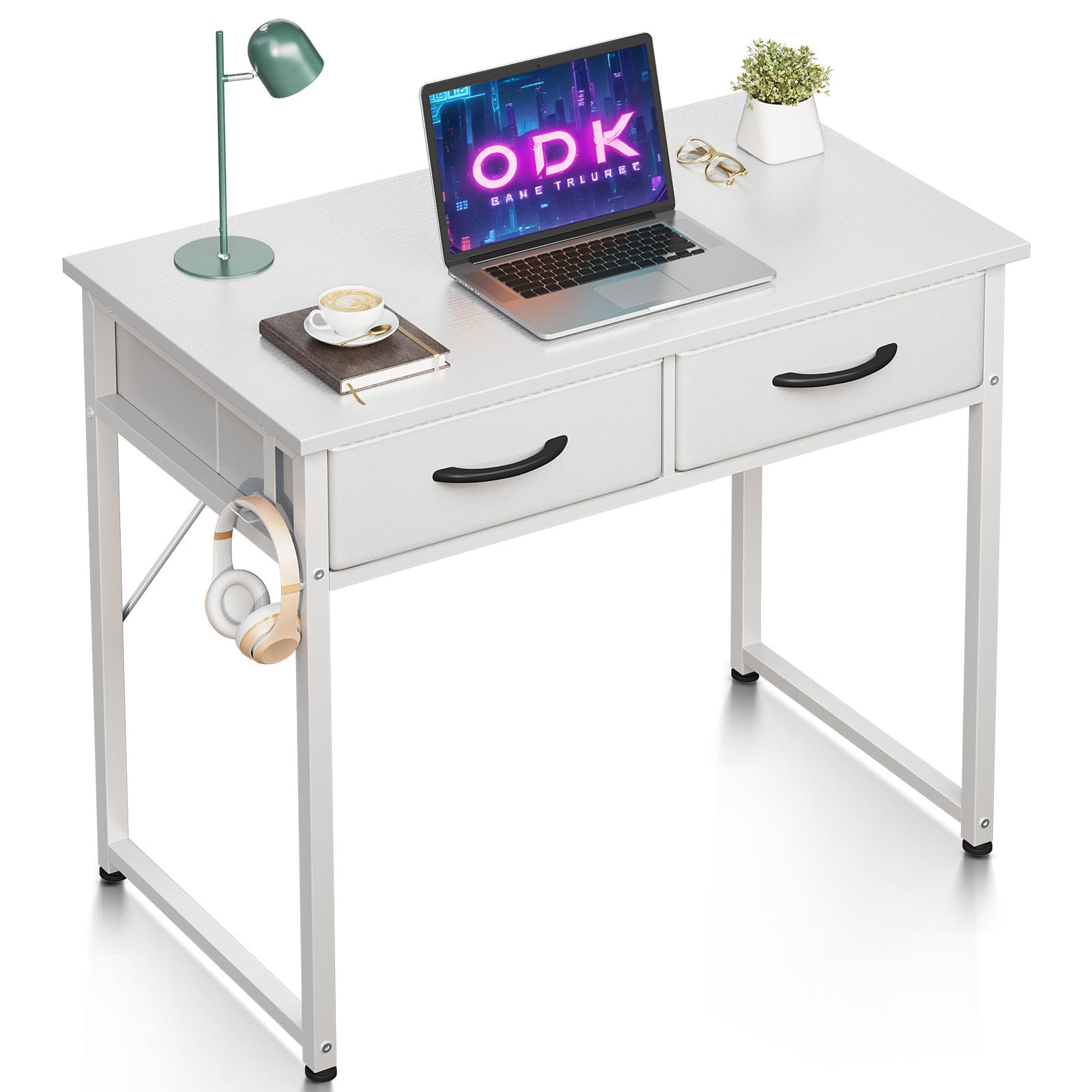 ODK Escritorio con 2 Cajones, Escritorio Pequeño con Soporte para Auriculares, Mesa de PC para Oficina, Sala de Estar y Oficina en Casa (Blanco, 80x40x78.7cm)