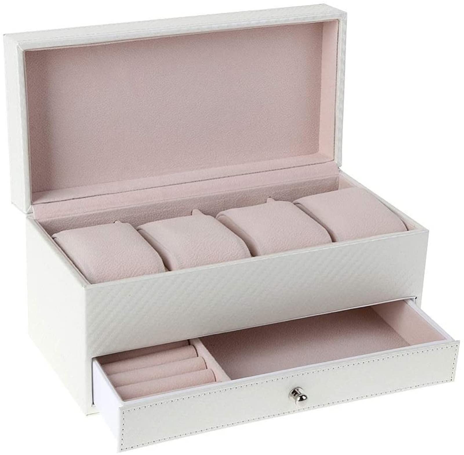 TIANQIHAO 4 Compartment Watch Storage Box Drawer Jewelry Storage Display Leather Square Jewelry Box White