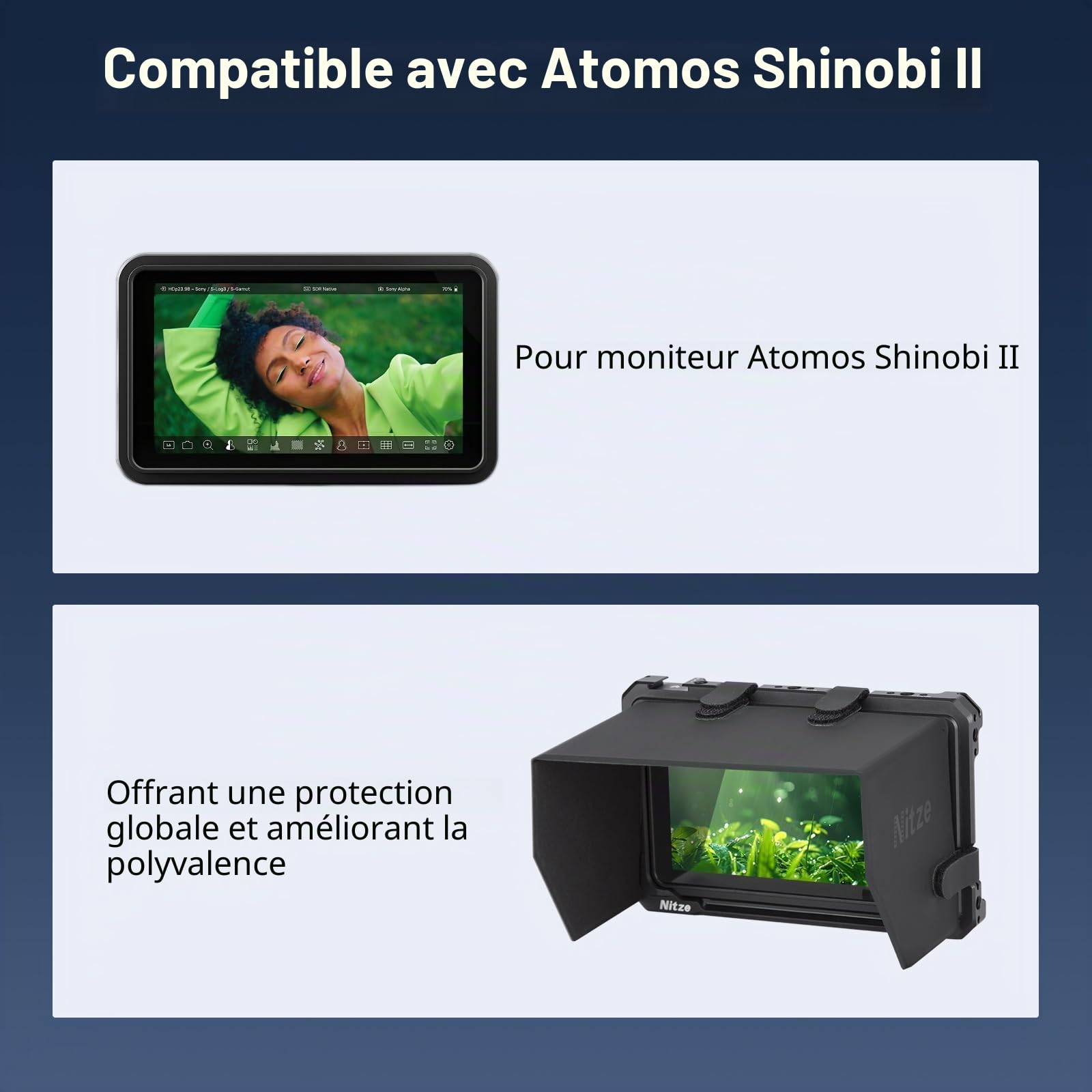 Nitze Shinobi 2 Cage, Cage pour Moniteur Atomos Shinobi II avec Cold Shoe Intégrée, NATO Rail et Pare-Soleil en Cuir PU - JT-A06B