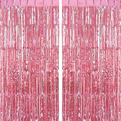 Goldedge Metallic Tinsel Foil Fringes Curtains Party Photo Backdrop for Birthday Decorations 2-Piece Set 100 x 200 cm Size Pink