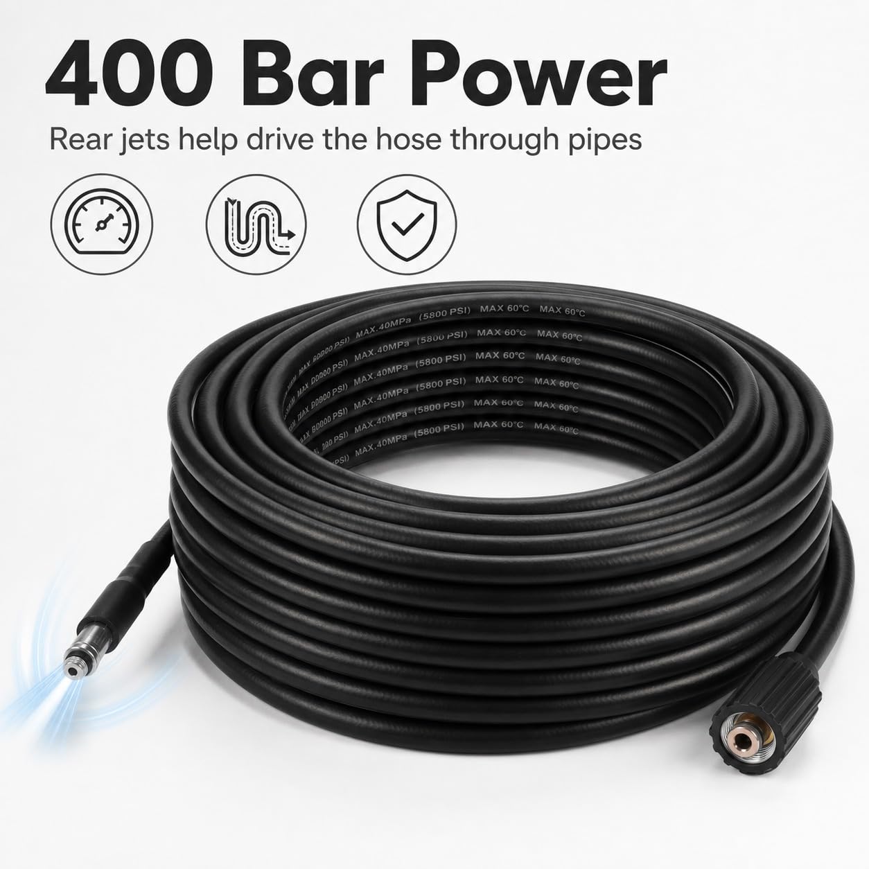QWORK® Tuyau de Débouchage Canalisation 30m – 5800 PSI / 400 Bar avec 5 Buses et Adaptateur Laiton, compatible avec Karcher K2-K7 – Flexible Haute Pression Heavy Duty pour Égout, Évier et Drain