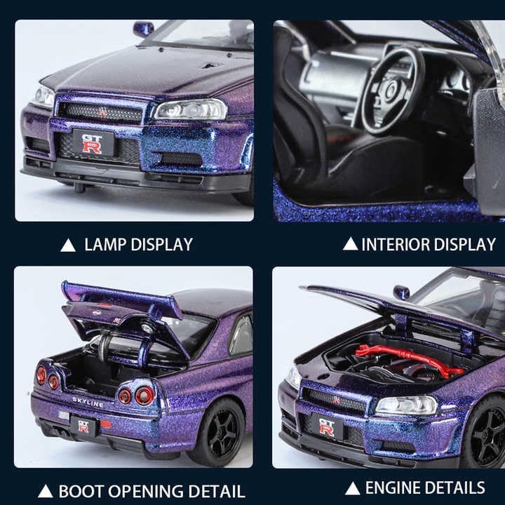 Image of Scale 1:32 Nissan Skyline GTR-R34 - Blue Alloy Diecast Pullback Metal Car Toy with Sound Light & Opening Doors - Best Gift Toy for Kids