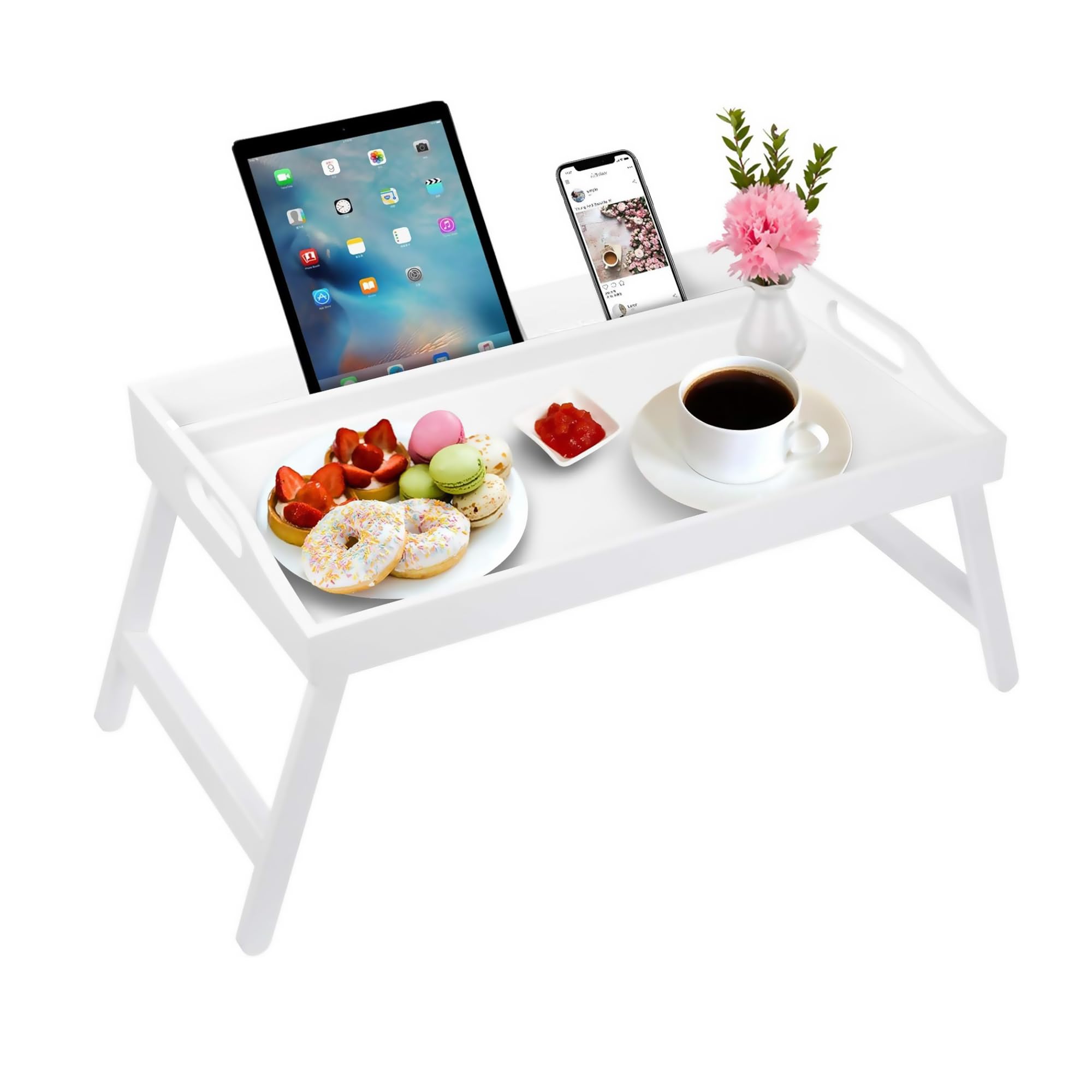 Breakfast Bed Tray Table with Handles Folding Legs Bamboo Bed Tray with Media Slot,Foldable Platter Tray, Laptop Desk,Snack,TV Bed Tray Kitchen Serving Platters Tray (White)