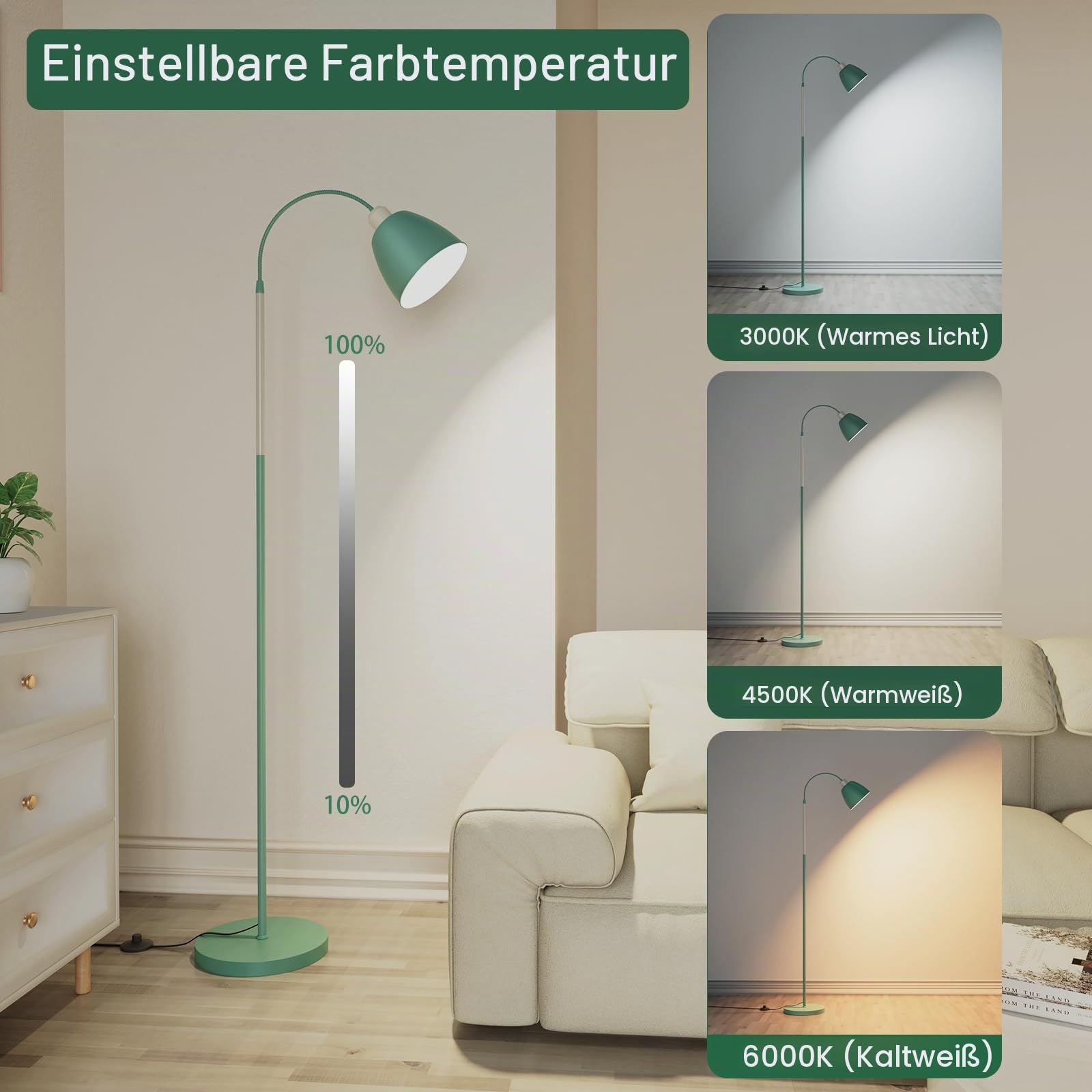 SIBRILLE E27 Leselampe Stehlampe Wohnzimmer Dimmbar mit Fernbedienung, 3000K-6000K Höhe 168cm Max 60W Deckenfluter Dimmbar Flexibler Schwanenhals Leselampe Mit LED-Lampe(Schalenform)