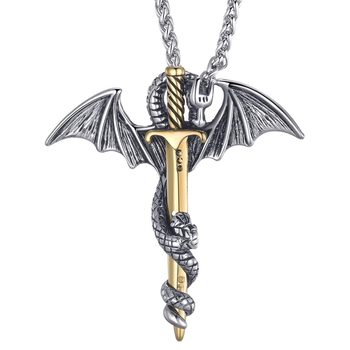 MOO&LEE Sword Dragon Pendant Necklace for Men 24 Inches Stainless Steel Link Chain