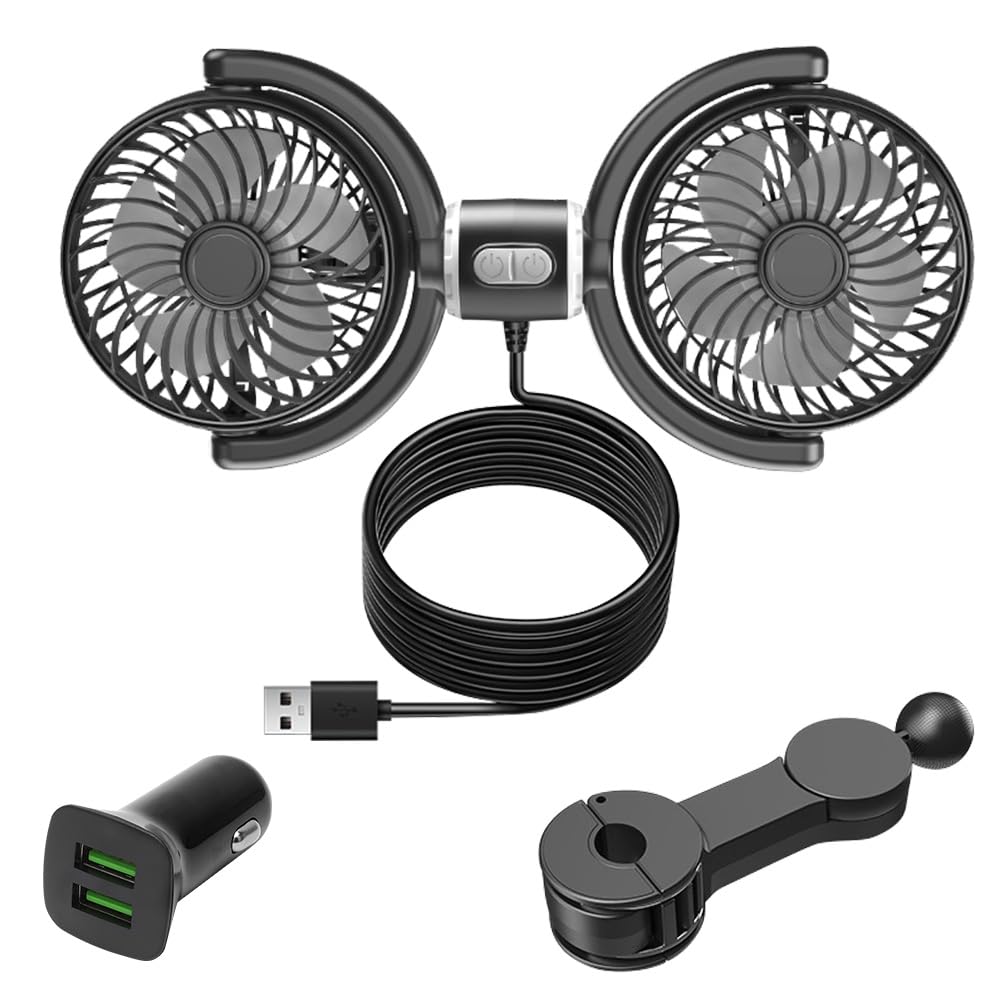 Auto Ventilator für Rücksitz, 360 ° Verstellbare Doppelkopf USB Kühlungs Luftventilatoren, Rücksitzventilatoren mit 3 Geschwindigkeiten, Lüfter Leistungsstarker Leise, Ventilatoren für Auto, Büro
