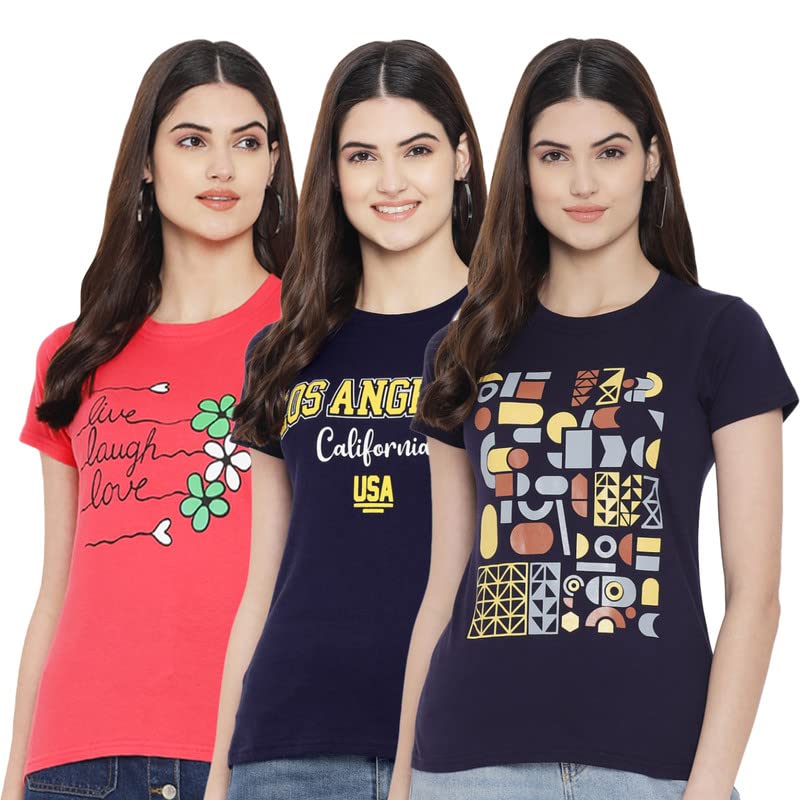 Preneum Women's Cotton Regular Fit Latest Graphic Stylish Printed Short Sleeves Casual T-Shirt || Trends & Stylish (Pack 3)