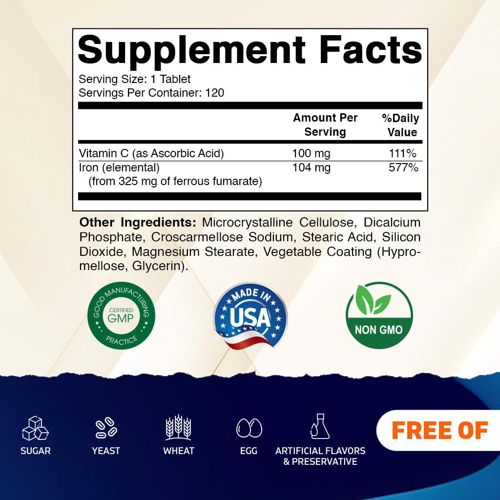 Vitamatic Ferrous Fumarate 325 mg + Vitamin C 100 mg (104 mg Elemental Iron) – High Potency Iron Supplement – Gentle on Stomach, 120 Coated Tablets, Made in USA — Amazon image 2