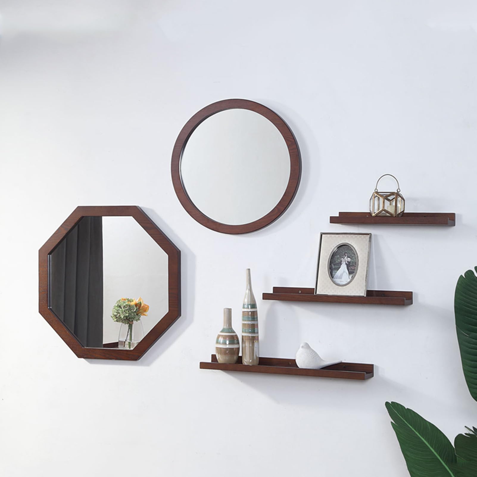 Achteckiger Wandspiegel Walnuss, Kleiderholz -Holzrahmen für Waschtisch und Rasur, Elegantes Dekorbad Wohnzimmer Walnut,40cm