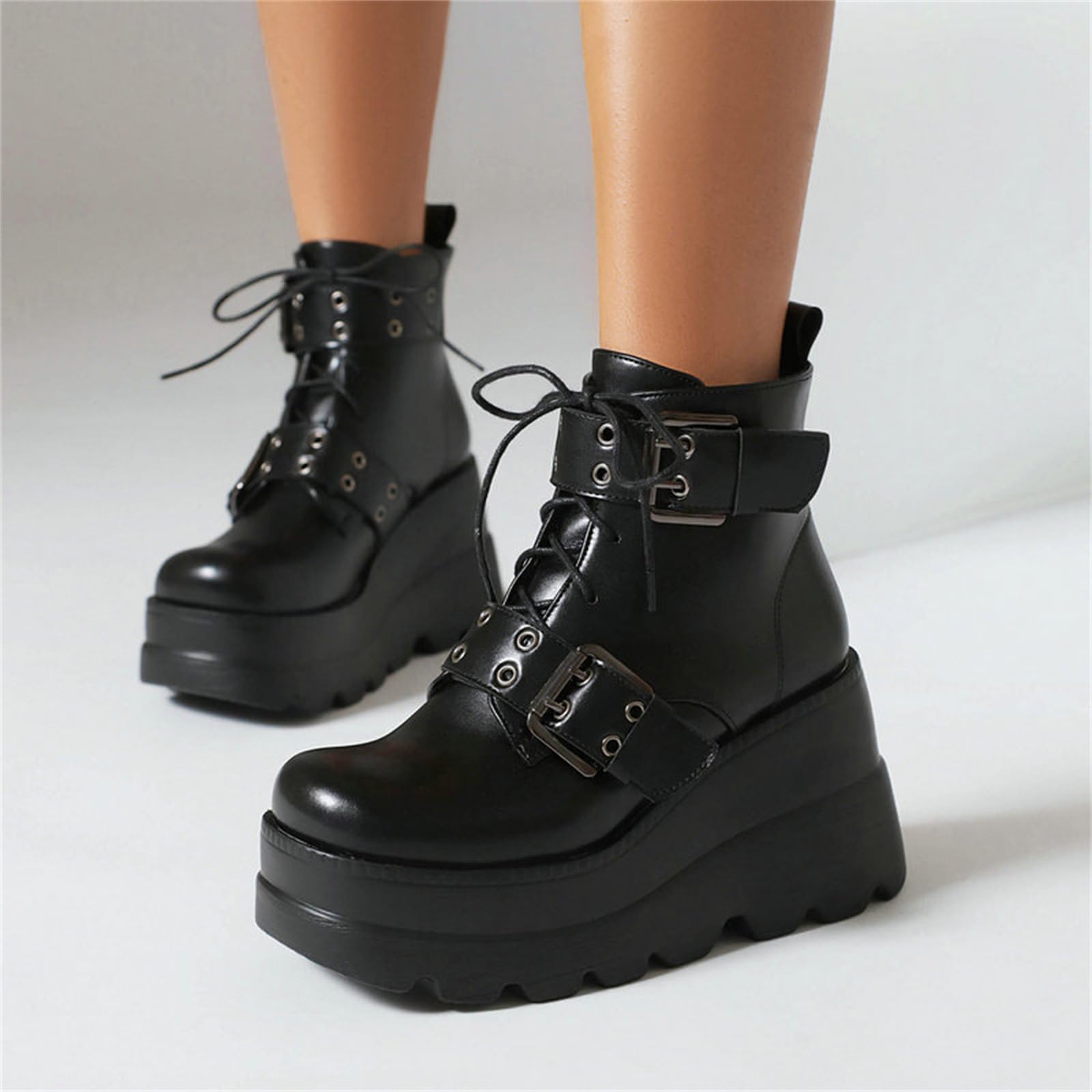 Damskie solidne gotyckie botki na platformie moda klamra punk kliny wysokie obcasy damskie buty imprezowe uliczne damskie buty