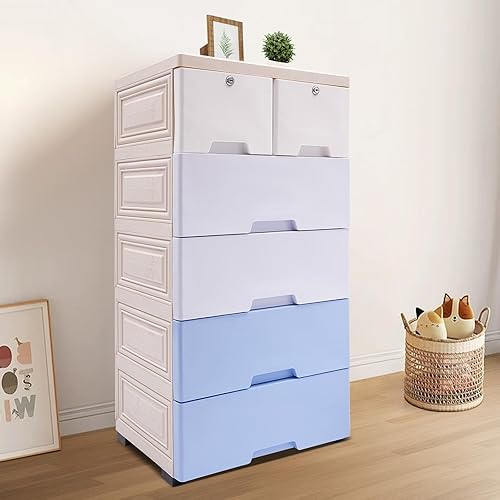 Miniatura 8 de Cómoda de cajones de plástico, armario de almacenamiento de 5 niveles, torre de 6 cajones con ruedas y llaves, estante organizador de
