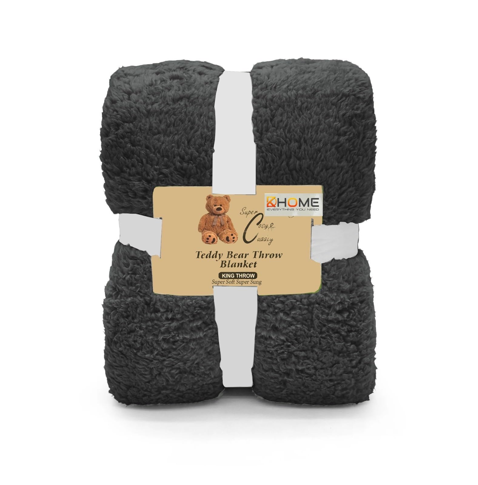 KD HOME Teddy Bear Double Throw Blanket, 200x240cm, Super Soft Fleece, Brown, Cosy and Cuddly (Charcoal, Double)