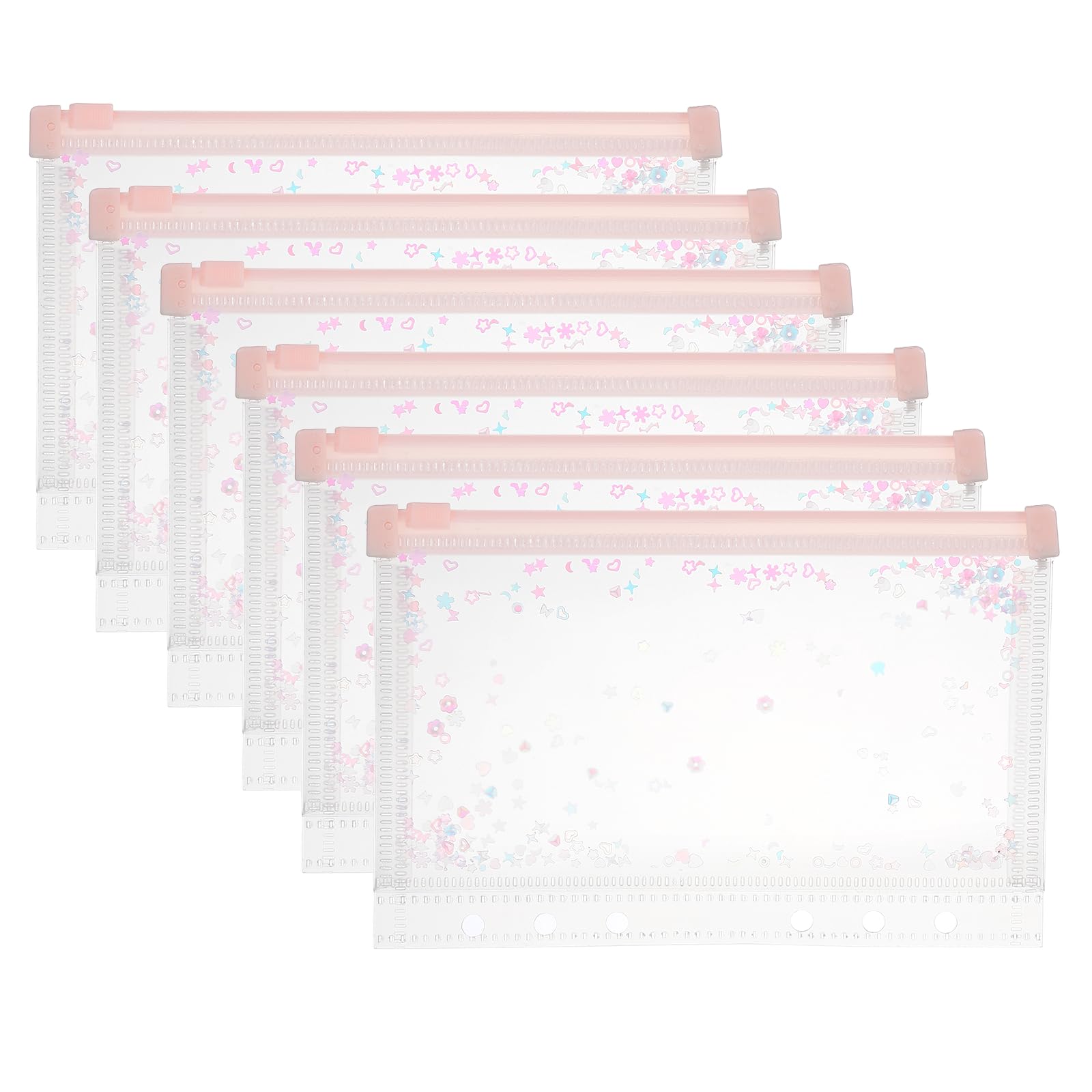 PATIKIL 6Pcs A6 Plastic Binder Zipper, Binder Pockets 7 x 5 Clear Envelope Folders Planner Waterproof Pouch Filing with Sequin Decor for Document Notebook Card Organizer, Light Pink