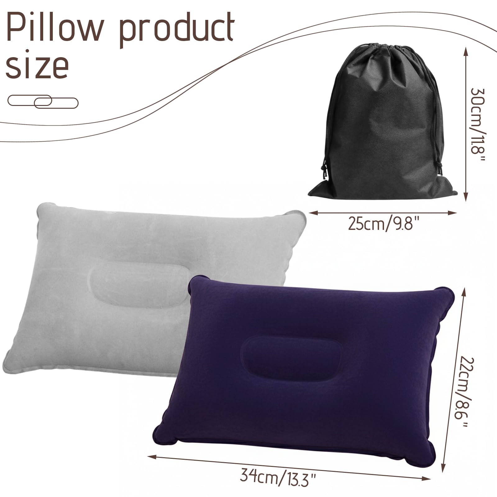 Almohada Hinchable 2 Piezas Camping Cojin Playa Inflable Cuello Viaje 34×22cm Gris Azul Marino