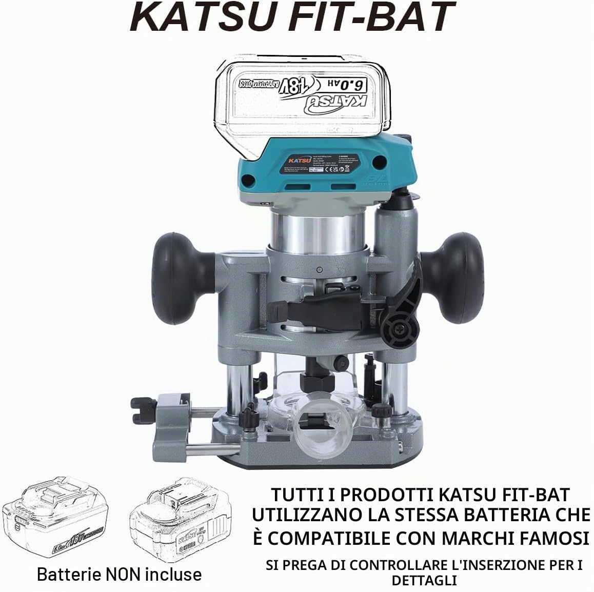KATSU FIT-BAT 18 V senza spazzole per legno, taglierina per legno, laminatrice, fresatrice, con 3 pinze, base ad immersione, piastra di inserimento per tavolo della fresa in alluminio