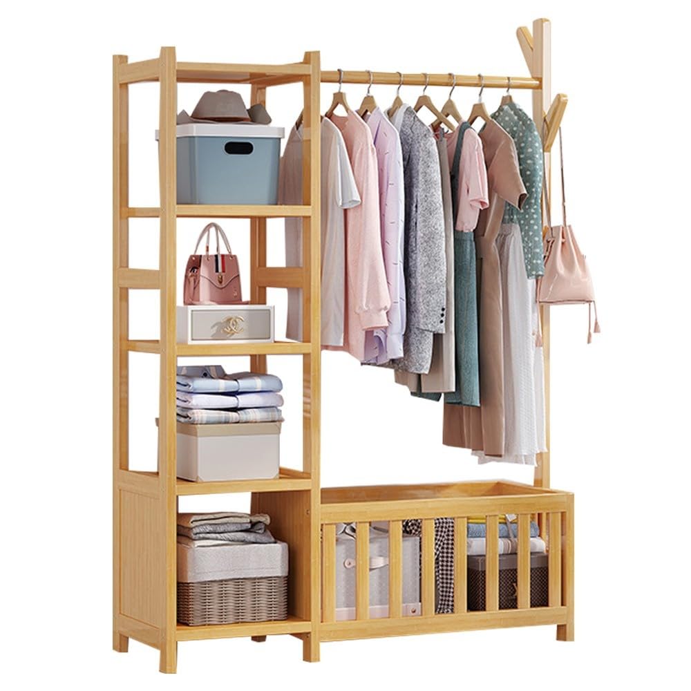 MYUYEE Wooden Coat Rack Stand, Clothes Drying Rack With Shelves, With Shoe Stand, Multifunctional Clothes Rail, Holds Up To 100 Kg, For Home/Office/Entryway/Hallway : 95Cm/115Cm(B-95Cm)