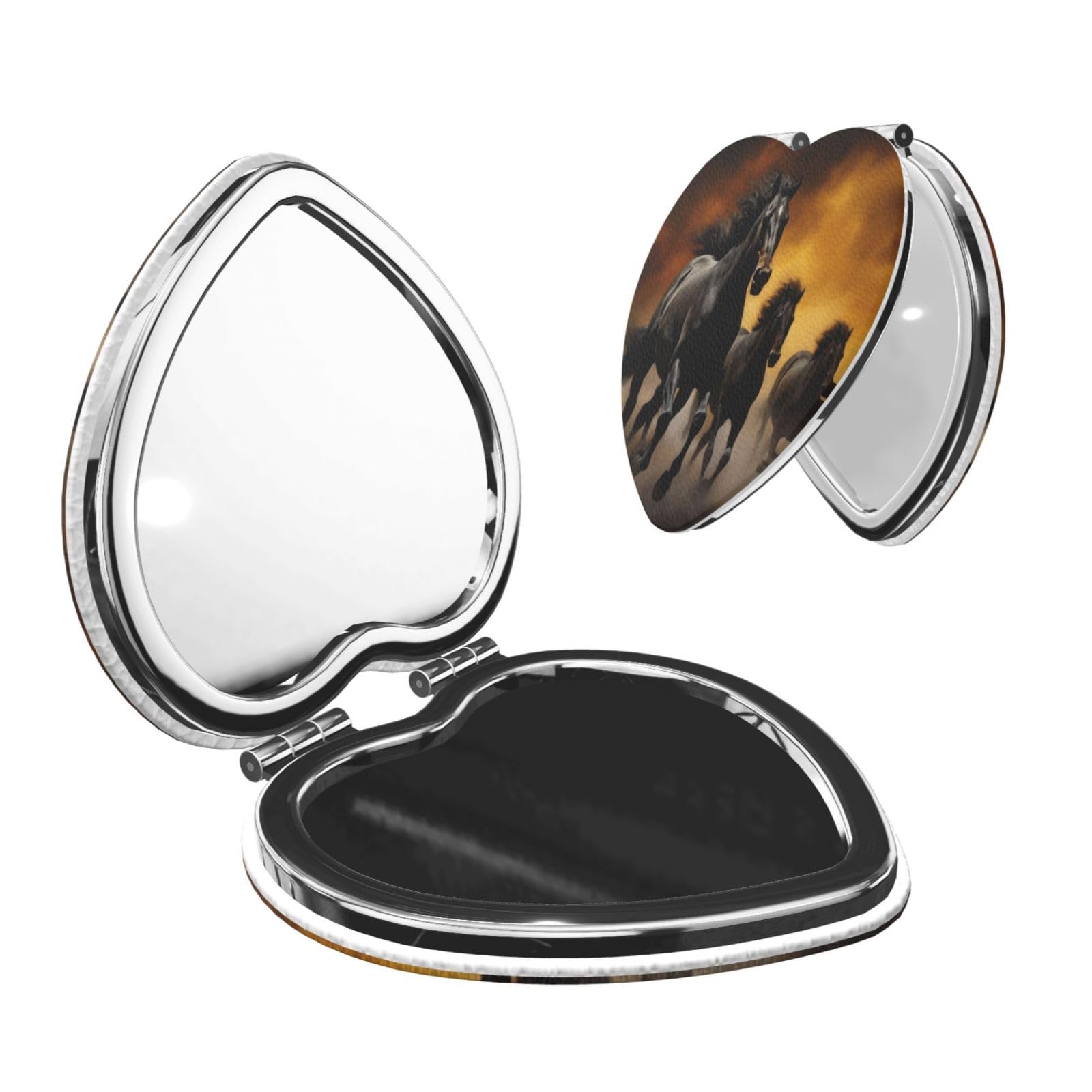DWVTSLH Running Black Horses Compact Mirror for Purse, Double-Sided 2X/1X Magnifying Mirror for Women Men, Travel Makeup Mirror for Handbag, Handheld Vanity Mirror for Gift