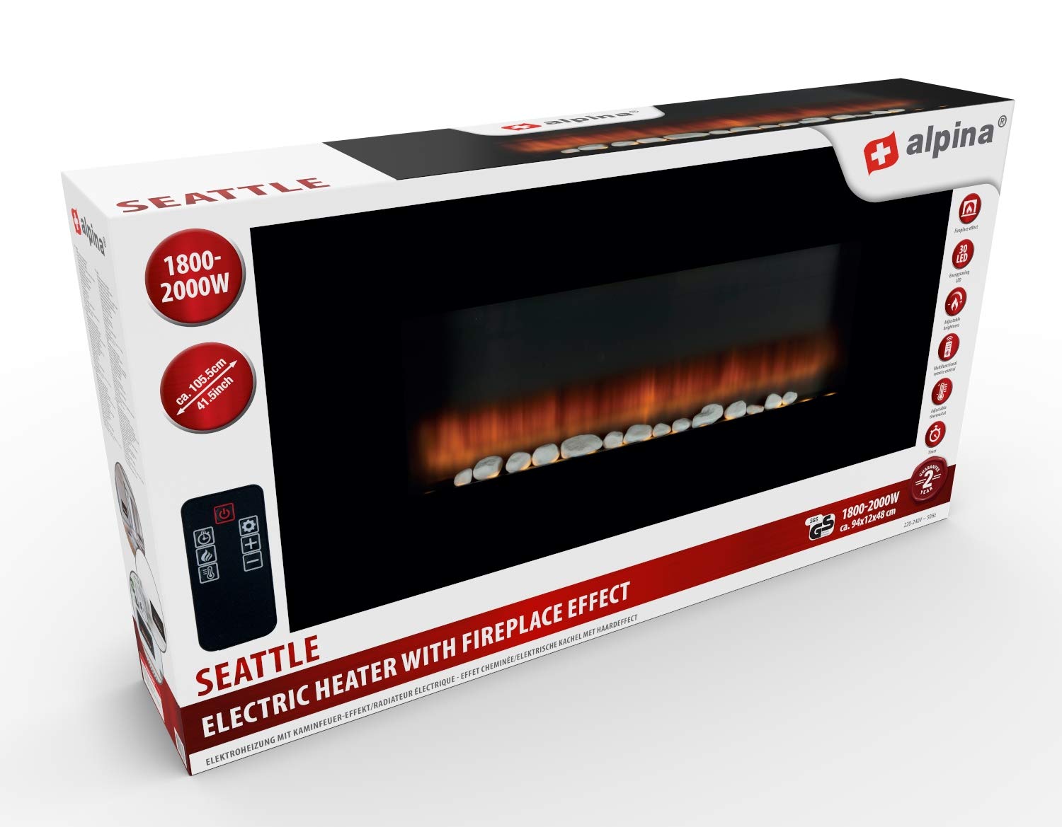 Alpina Kaminofen Elektrisch Wandkamin – Elektrokamin zur Wandmontage mit Heizung 1800–2000W – Deko Kamin Flammeneffekt – Elektroheizung mit Thermostat Heizung und Fernbedienung – Modernes Feuer