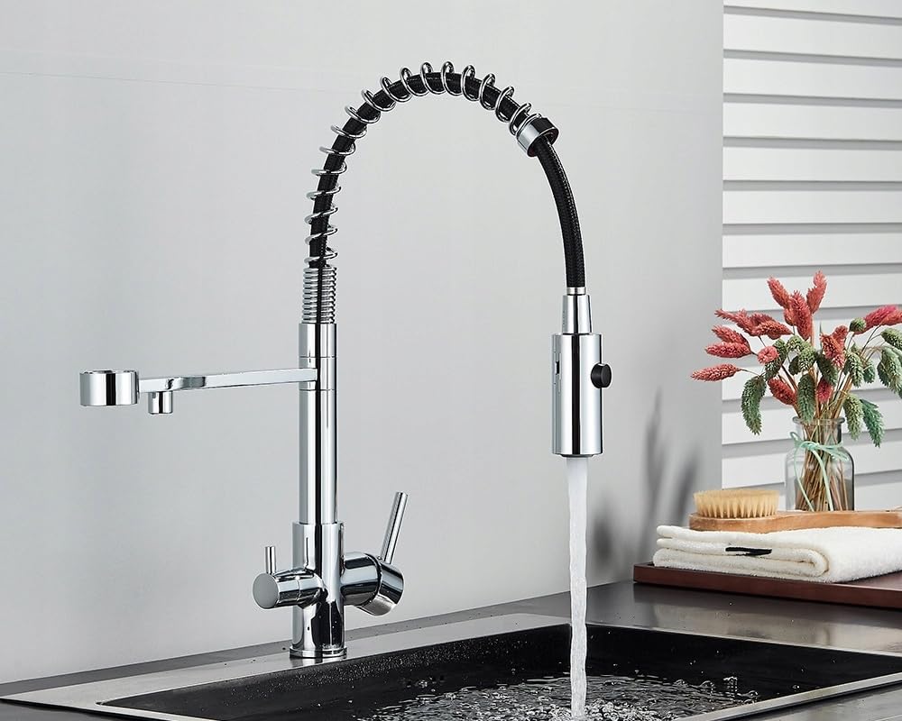 Ari Rubinetto da cucina a 3 vie con doccetta estraibile, molla a spirale Solid Spring, in set con filtro dell'acqua, nano-filtrazione, sistema per acqua potabile Nano Pad (cromato)
